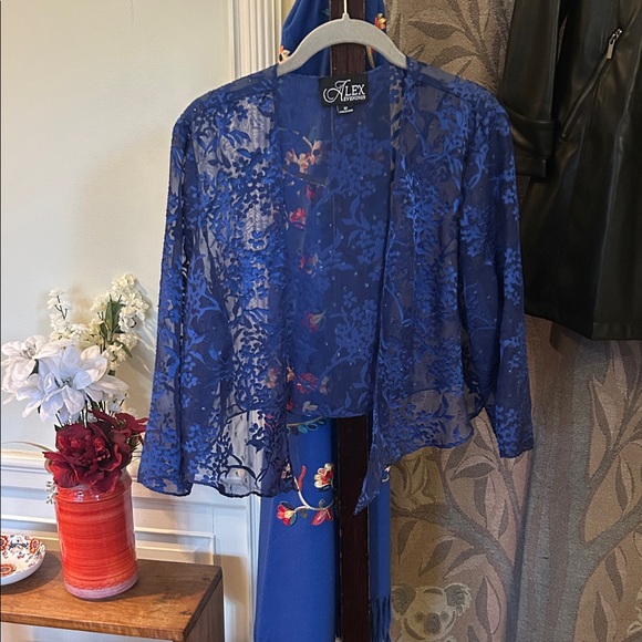 Alex Evenings Formal Royal Blue Sheer Lace Sequined Shrug Jacket Size 12 - Picture 4 of 7
